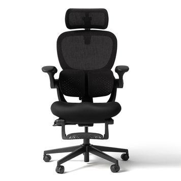 HINOMI Q2, Coal Black - Ергономічне крісло, Комп'ютерне, Ігрове, Геймерське, Хрестовина нейлон, Спинка сітка, Сидіння тканина, Чорний пластик, Регульована поперекова підтримка, З підставкою для ніг